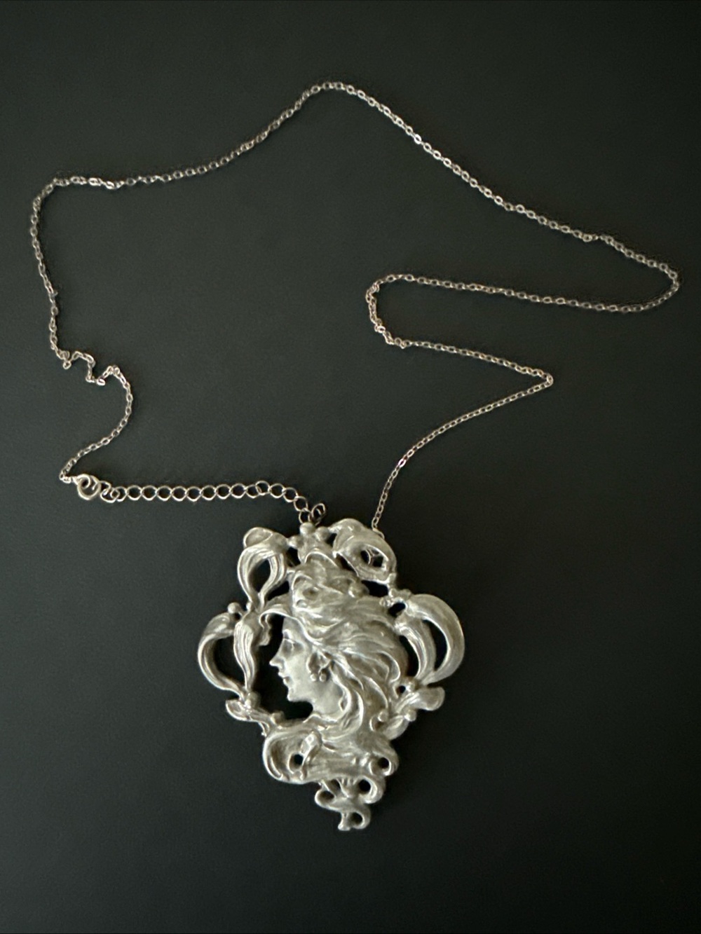Vintage Sterling Silver 925 Art Nouveau Lady Profile Brooch/Necklace Filigree 2”